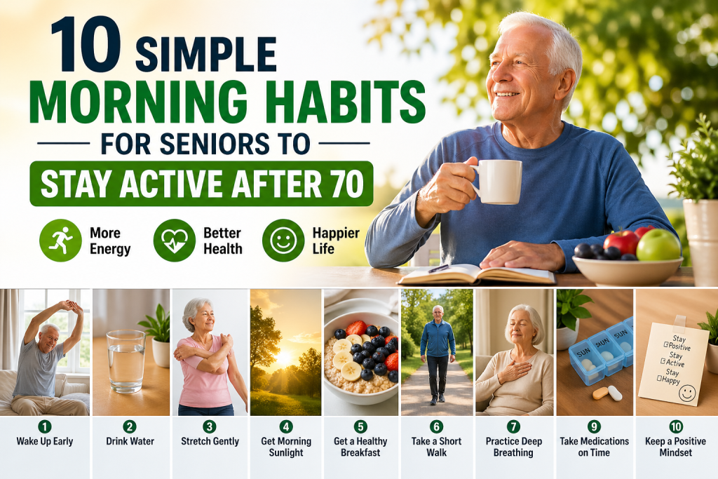 Senior man practicing healthy morning habits to stay active after 70 with exercise, water, breakfast, and walking routine