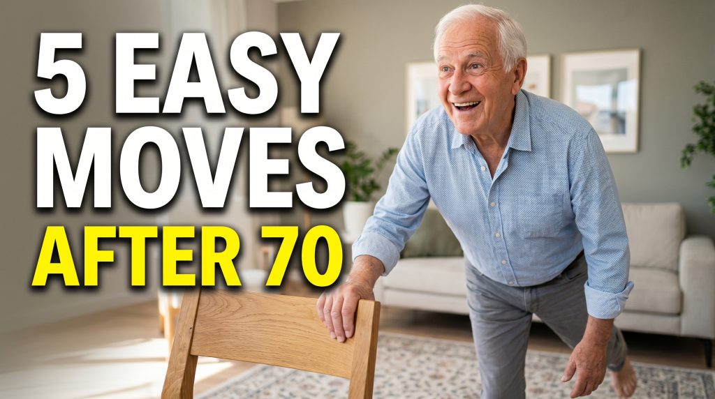 Senior man over 70 doing balance exercise at home near chair