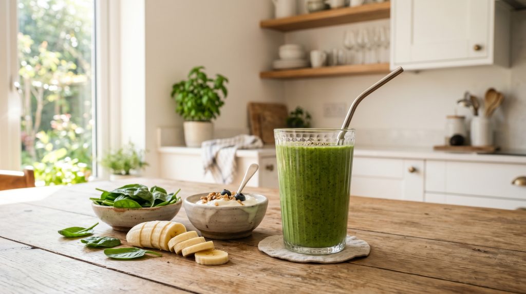 Smoothie with spinach banana yogurt breakfast for seniors over 65