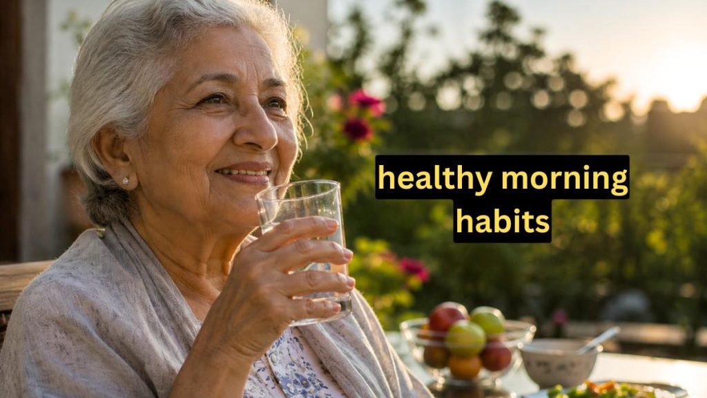 A senior woman practicing healthy morning habits by drinking warm water