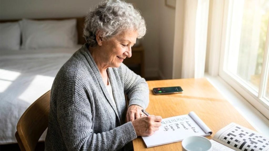 An older retired woman smiling while writing how a simple daily checklist fights loneliness at her desk