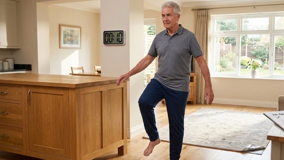 An older senior man practicing the 10-second balance test near a kitchen counter to prevent dangerous falls.
