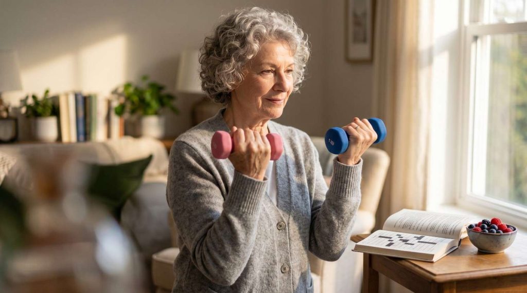 An older adult practicing strength training for seniors using light dumbbells