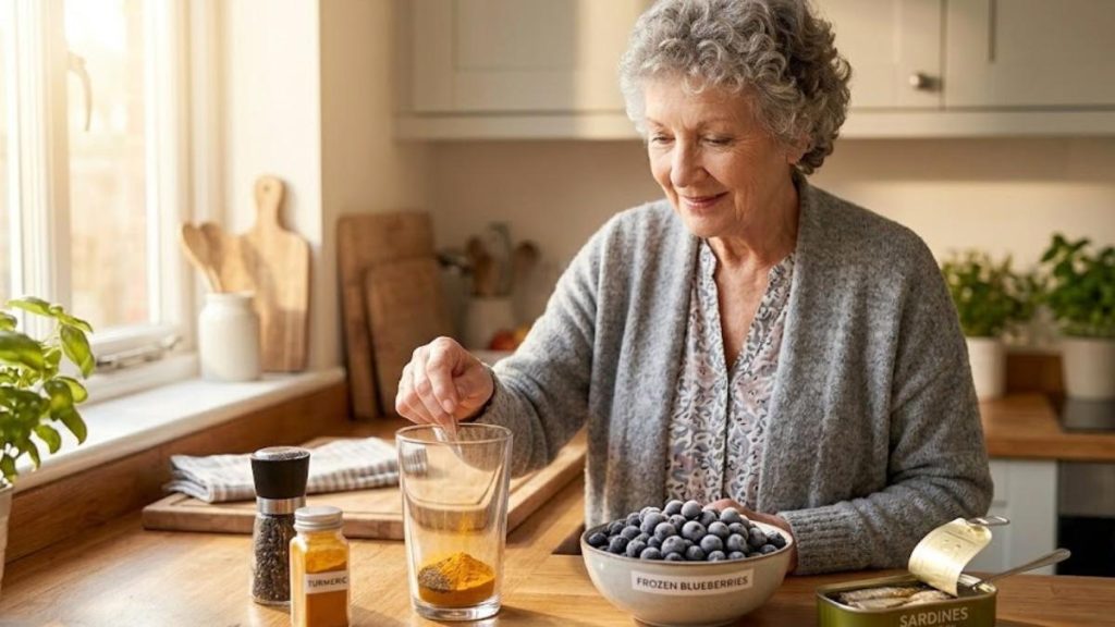 An older woman organizing superfoods you should eat every day like turmeric, frozen blueberries, and sardines to fight inflammation
