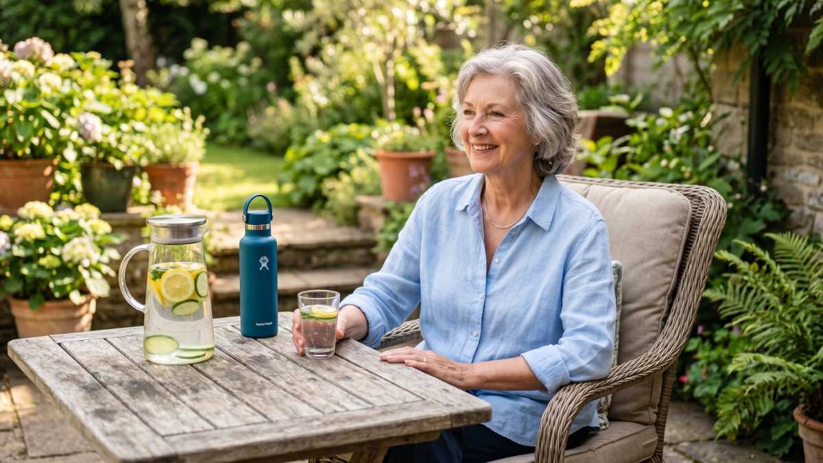 A senior citizen relaxing at home with an infused water pitcher, showing why you don't feel thirsty automatically as you age.